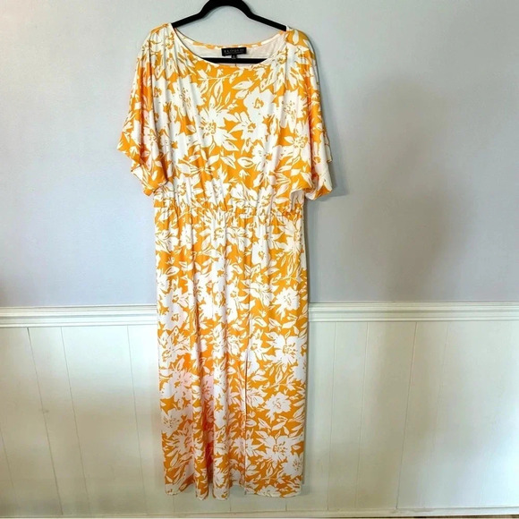 Eloquii Women's Short Dolman Sleeve Yellow & White Floral Maxi Dress Size 16 GUC - Picture 2 of 10